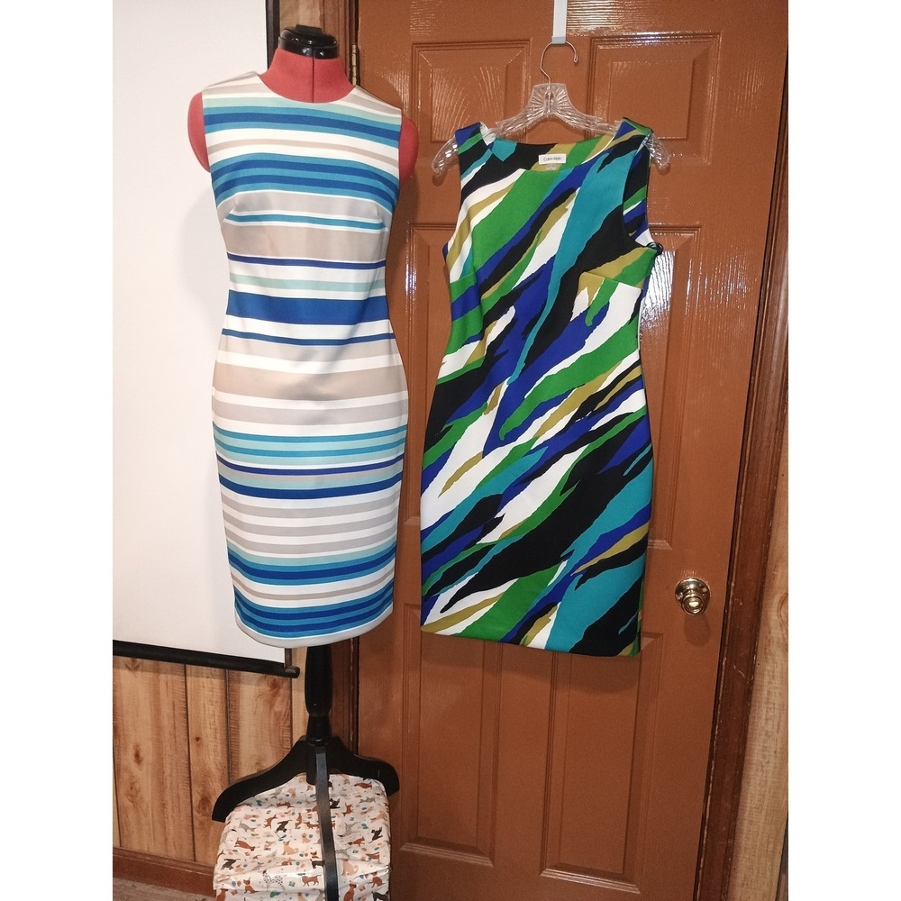2-Calvin Klein Sheath Dresses Womens sizes 4 & 8 Blue Green Striped Abstract Lot